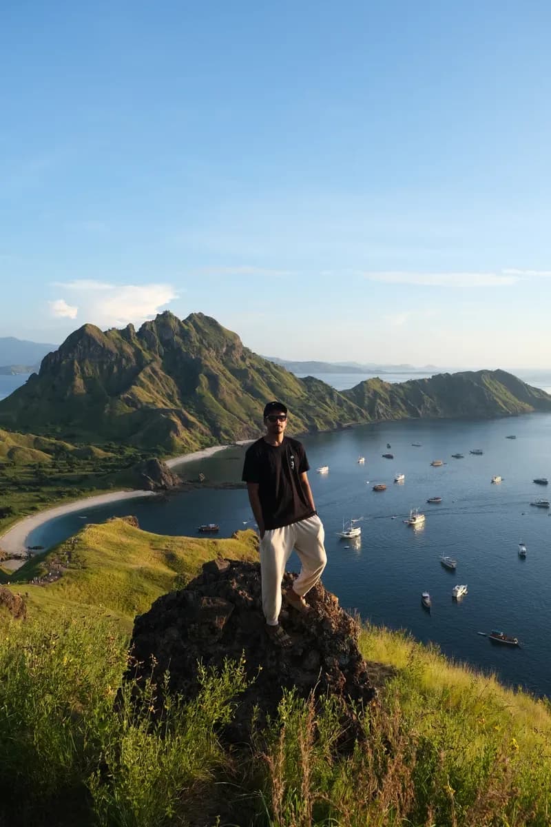 Standing on a ridge above a bay full of boats